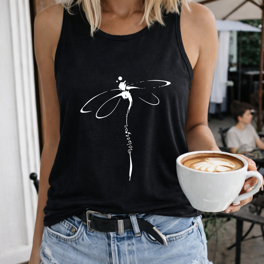 Dragonfly Artistic Crew-neck Sleeveless Vest Outdoor Women's Color Cotton Tank Top in Black