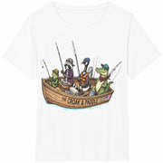 Frog Fishing Crew Cartoon Crocodile in Boat Cotton T-Shirt in White