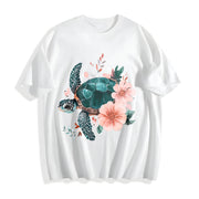 Floral Turtle & Peach Blossom Cotton T-Shirt in White