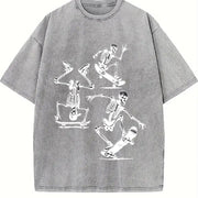 3 Skeletons Skateboarding 90s Vintage Washed T-Shirt in Gray