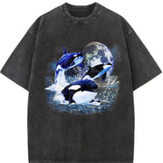 Three Orcas 90s Sea Animal Moon Midnight Vintage Washed T-Shirt in Black