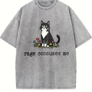 Cat Meme Rage Consumes Me and Batik vintage washed oversized T-shirt in Gray