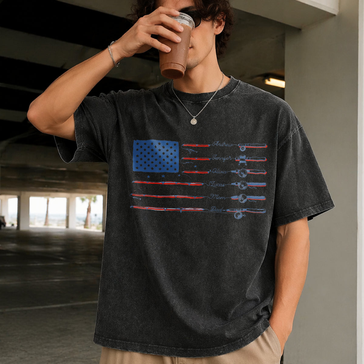 Personalized Name American Flag Vintage Washed T-Shirt in Black