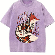 Folk Art Bohemian Fox and Tree Vintage Washed T-Shirt in Purple