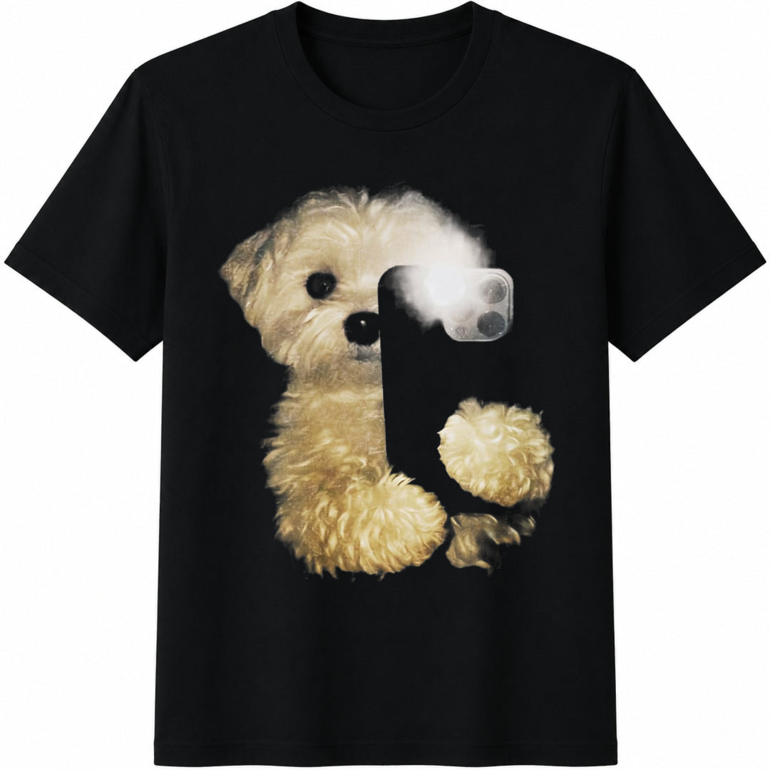 Dog Selfie Y2K Puppy Mirror Flash Cotton T-Shirt in Black