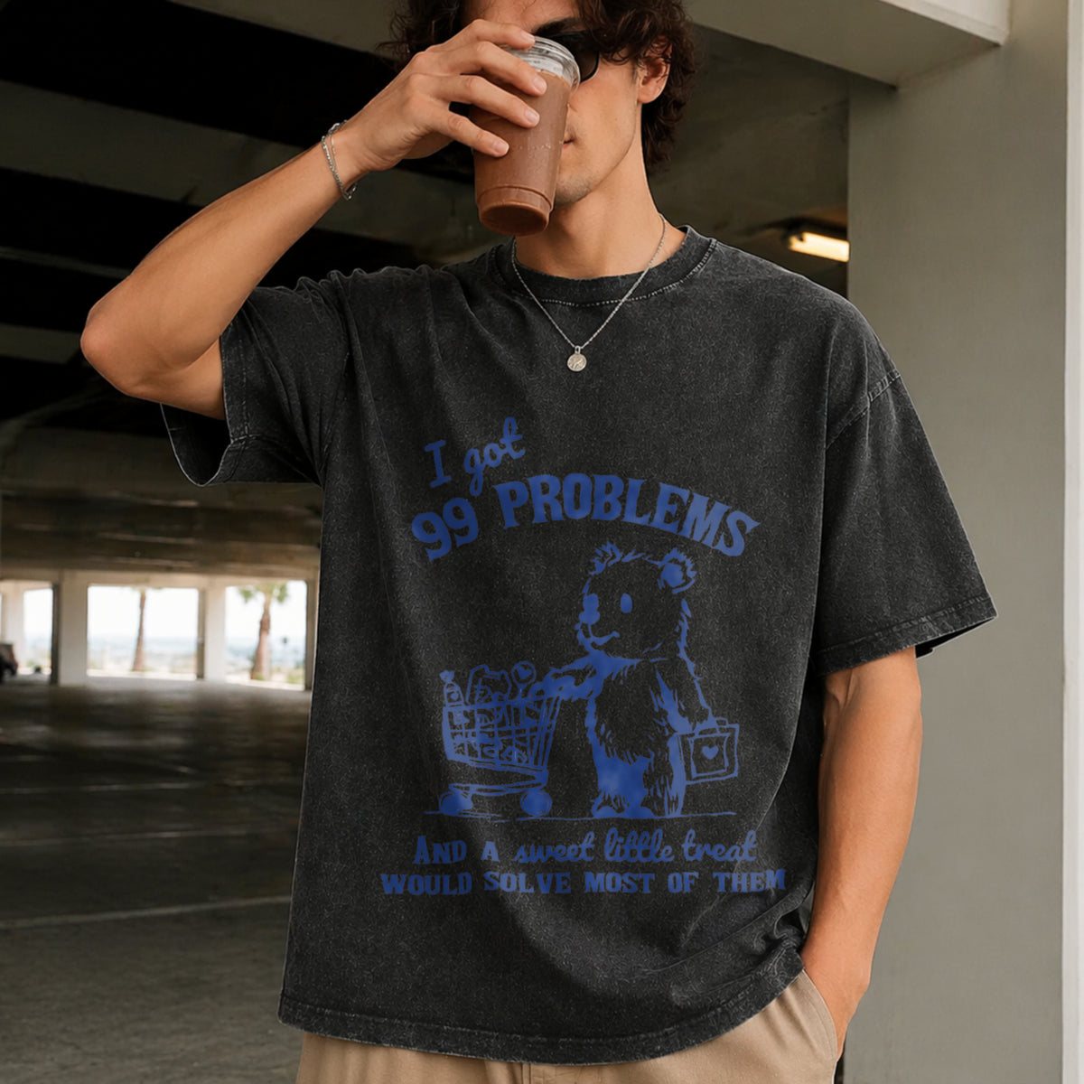 99 Poblems and a Sweet Little Treat Would Solve Most Of Vintage Washed T-Shirt in Black