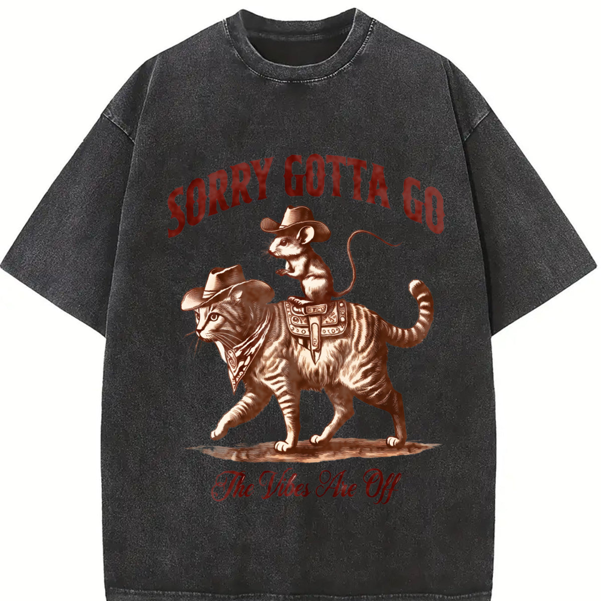 Retro Mouse Riding Cat the Vibes Are Off 90s Vintage Washed T-Shirt in Black
