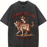 Retro Mouse Riding Cat the Vibes Are Off 90s Vintage Washed T-Shirt in Black