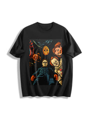Retro Halloween Characters Cotton T-Shirt in Black