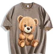 Cute Fluffiest Short-sleeve with Bear & Pom-pom Creature Vintage Washed T-Shirt in Brown