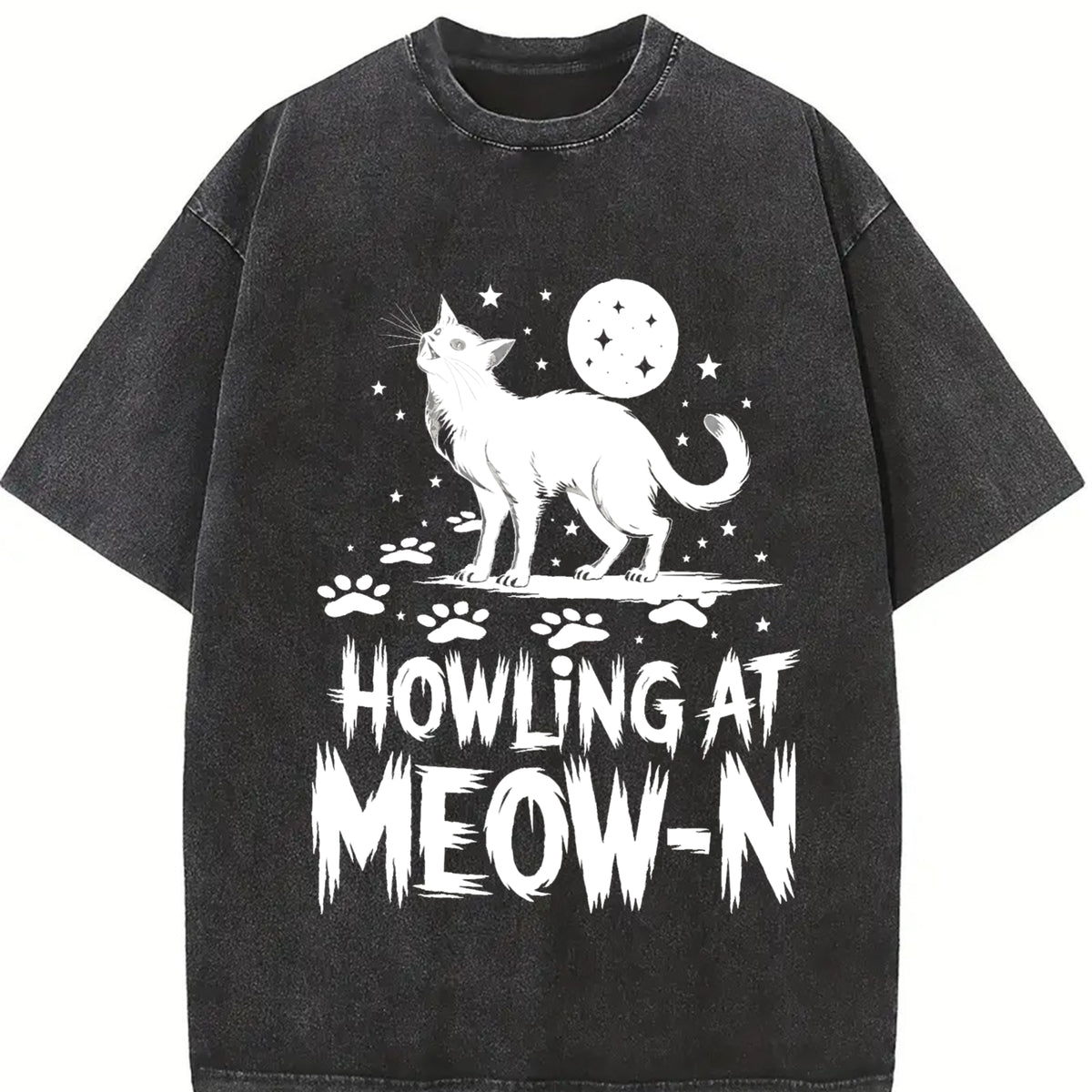 Cat Howling at Meow-n Vintage Washed T-Shirt in Black