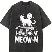 Cat Howling at Meow-n Vintage Washed T-Shirt in Black