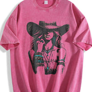 Boho Woman Hat Western Cowgirl Vintage Washed T-Shirt in Red