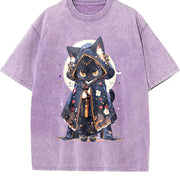 Cute Forest Animal Party Japanese- Black Robe Cat Vintage Washed T-Shirt in Purple
