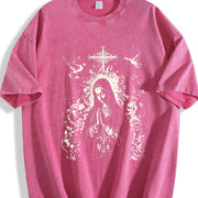 Virgin Mary Praying Faded Retro Style vintage washed oversized T-shirt in Red