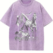 Wild Horses Retro Running Horse Vintage Washed T-Shirt in Purple