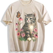 Kitten Cute Cat & Butterfly Floral Vintage Washed T-Shirt in Beige