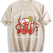 With Octopus Fashionable Vintage Washed T-Shirt in Beige