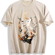 Autumn Looking Up Noble Elegant White Fox Vintage Washed T-Shirt in Beige