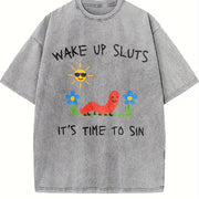 Wake Up Slts Animal Meme Sarcastic Cursed Unhinged Humor Vintage Washed T-Shirt in Gray