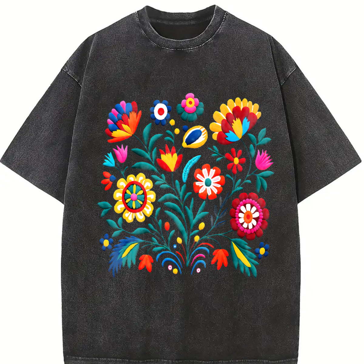Mexican Bohemian Vintage Washed T-Shirt in Black