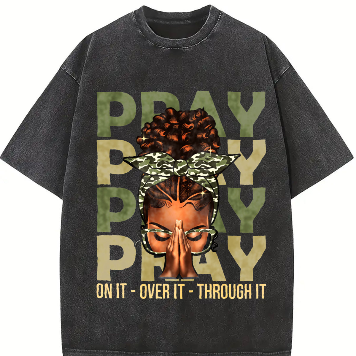 Pray on It Pray Over It Black Woman Afro Christian Sayings Vintage Washed T-Shirt in Black