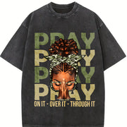 Pray on It Pray Over It Black Woman Afro Christian Sayings Vintage Washed T-Shirt in Black