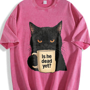 Is He Dead Yet Black Cat Dark Humor Liberal Democrat Vintage Washed T-Shirt in Red