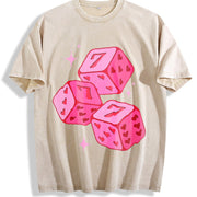 Pink Lucky 7 Dice Vintage Washed T-Shirt in Beige