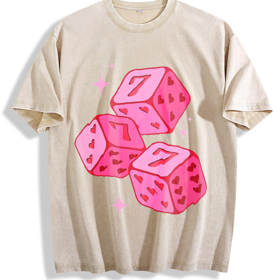 Pink Lucky 7 Dice Vintage Washed T-Shirt in Beige