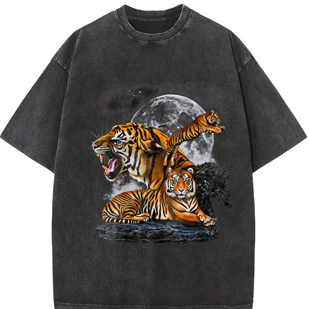 Three Tigers 90s Retro Alpha Moon Vintage Washed T-Shirt in Black