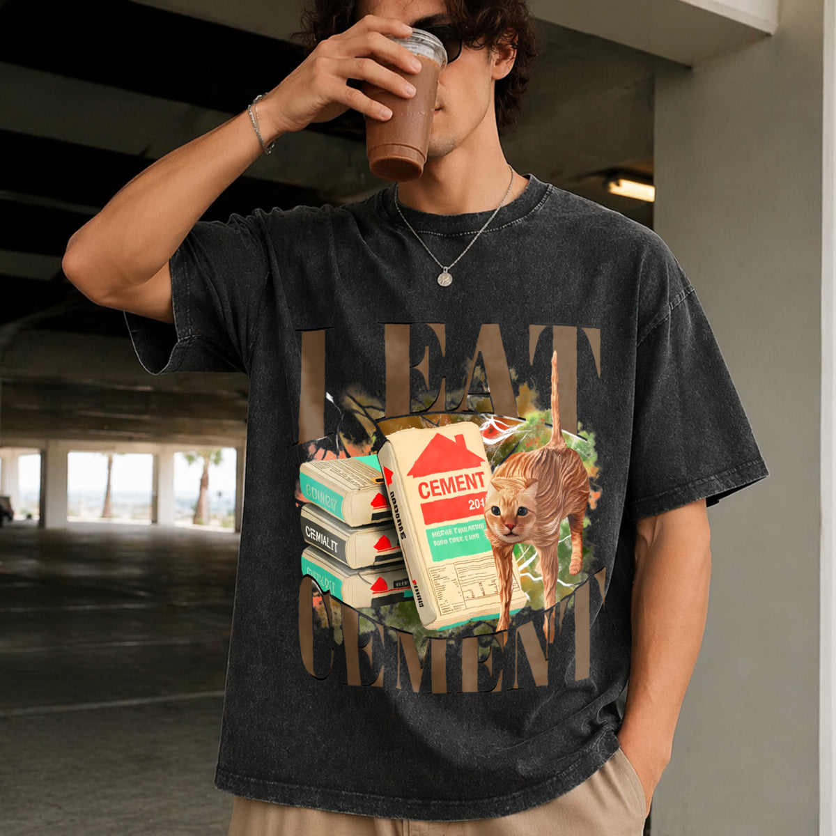 Meme I Eat Cement Weird Vintage Washed T-Shirt in Black