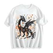 Fantasy Black Dragon Gentle Floral Cotton T-Shirt in White