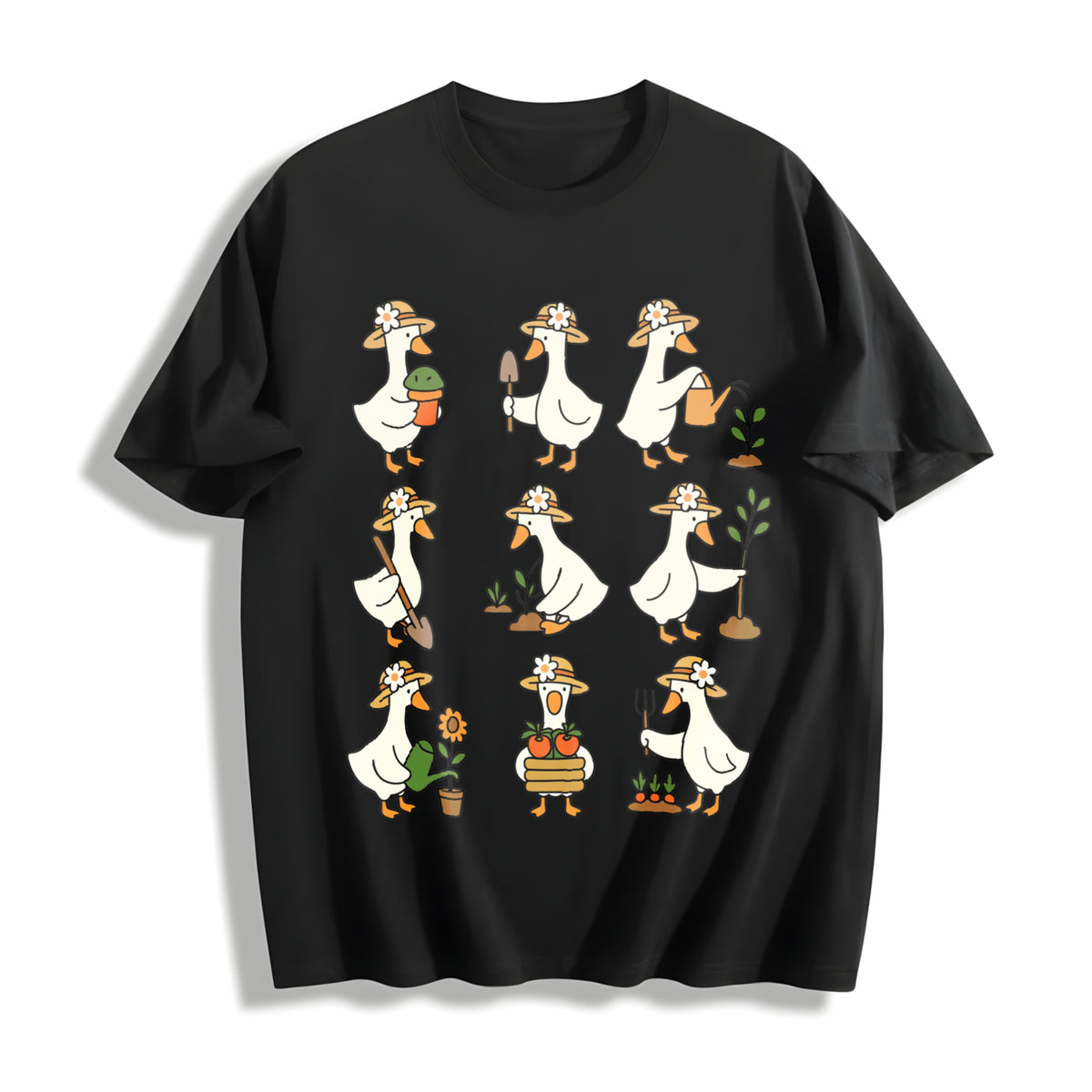 Cute Goose Gardening Cotton T-Shirt in Black
