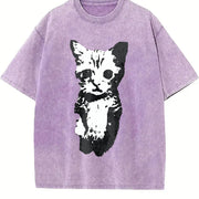 Cat Y2k Gothic Grunge Y2k Emo Scene Amity Affliction Vintage Washed T-Shirt in Purple