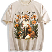 Autumn Fox and Falling Leaves Vintage Washed T-Shirt in Beige