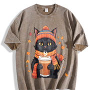 Black Cat with Hot Drink and Autumn Leaves Vintage Washed T-Shirt in Brown