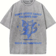 Retro Cat with Butterfly Wings 90s Vintage Washed T-Shirt in Gray