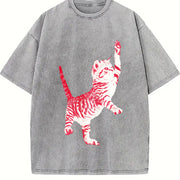 Playful Cat Retro 90s Cute Feline Vintage Washed T-Shirt in Gray
