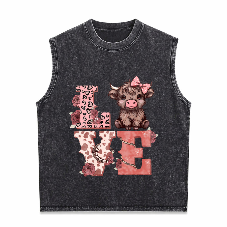 Highland Cow Chic Vintage Washed Tank Top in Black