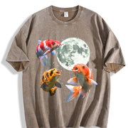 Koi Fish Howling at Moon 90s Vintage Washed T-Shirt in Brown