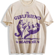 Retro Couple Cat Fighting 90s Vintage Washed T-Shirt in Beige