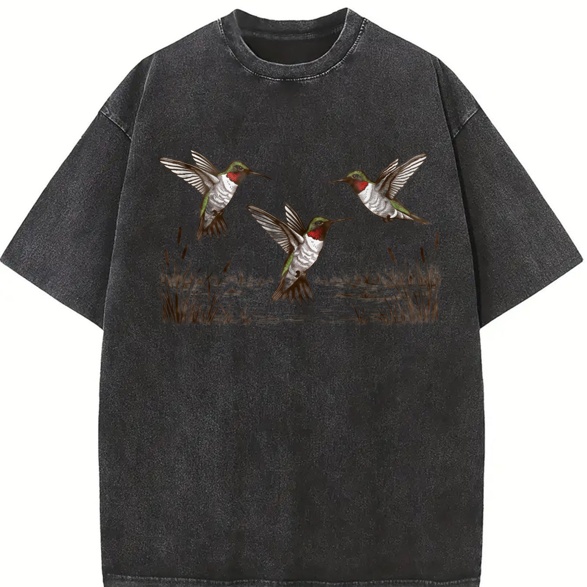 Hummingbird 90s Retro Botanical Bird Wildlife Vintage Washed T-Shirt in Black