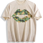 Camo Lip Knit Vintage Washed T-Shirt in Beige