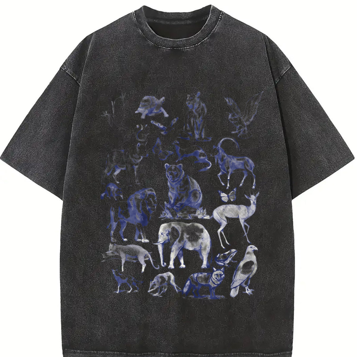 Wild Animals Retro Animal Drawing Vintage Washed T-Shirt in Black