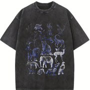 Wild Animals Retro Animal Drawing Vintage Washed T-Shirt in Black