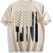 Chef Kitchen Utensils American Flag Vintage Washed T-Shirt in Beige