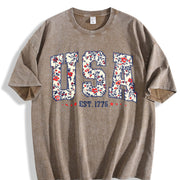 Floral USA Retro America Vintage Washed T-Shirt in Brown