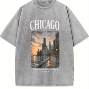 Chicago Illinois Windy City Travel Souvenir Urban Skyline Vintage Washed T-Shirt in Gray