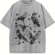 Ravens Tattoo Gothic Crow Vintage Washed T-Shirt in Gray